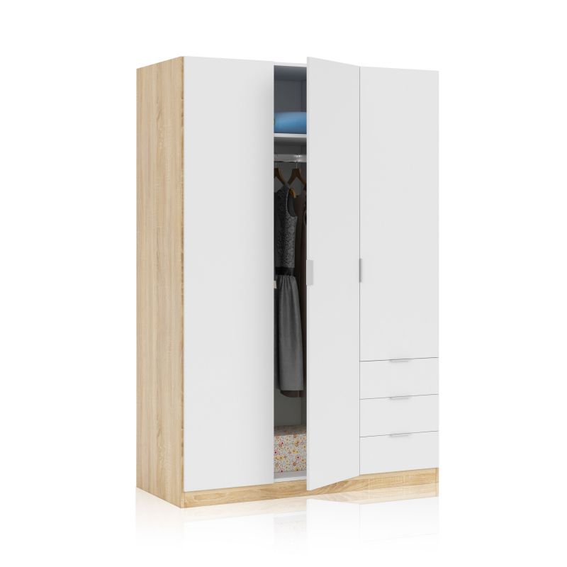 Duehome Roupeiro Hexa 3 Portas 3 Gavetas Artik White (Branco Mate) - Carvalho Canadiano 121 X 180 X 52 Cm Transparente