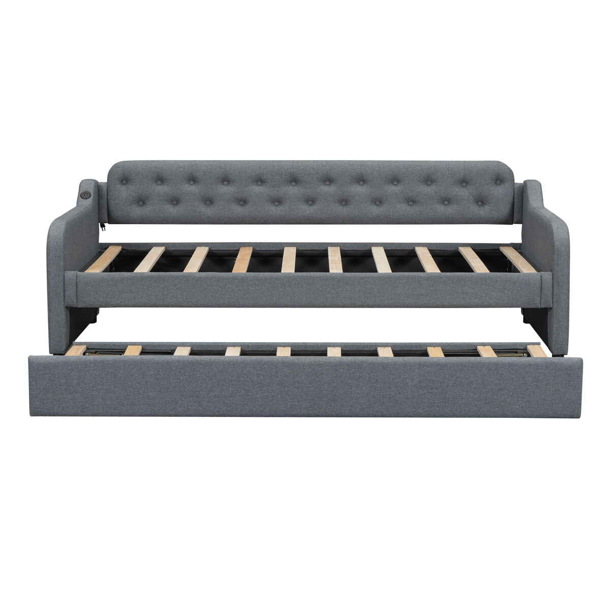 Cama com gavetão 90x200cm - com porta usb - tecido de linho - cinzento