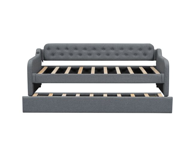 Cama com gavetão 90x200cm - com porta usb - tecido de linho - cinzento