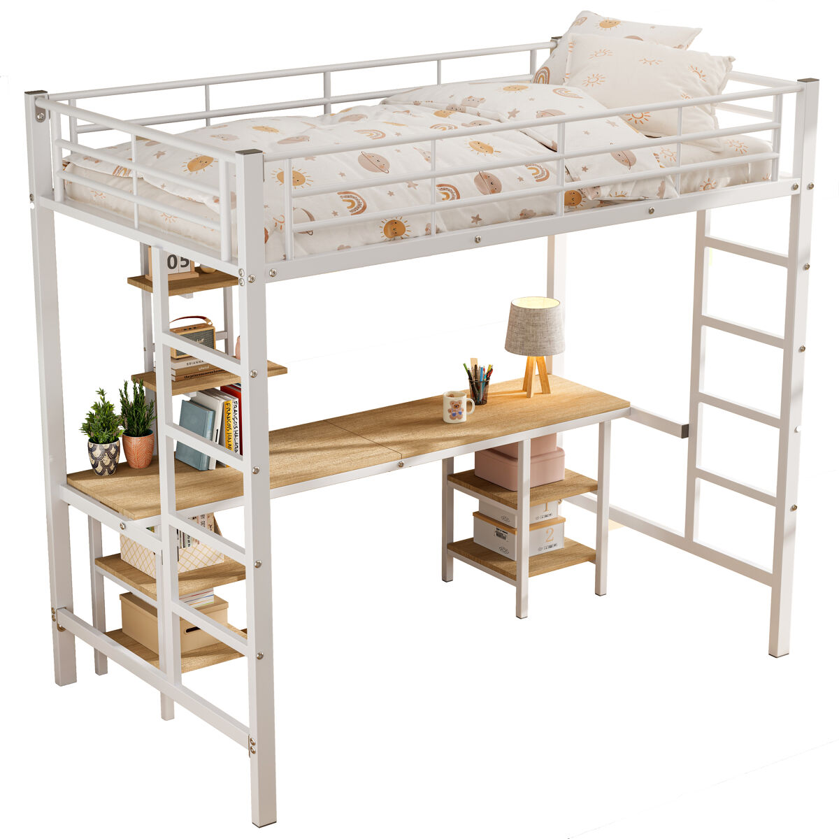 Cama de criança,cama alta de metal e mdf 90x200cm,branco