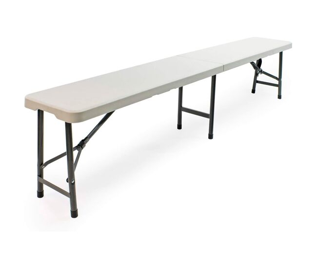 Banco dobrável de resina 180x29x43 cm estrutura de acier bases de resina alças de transporte trava de segurança