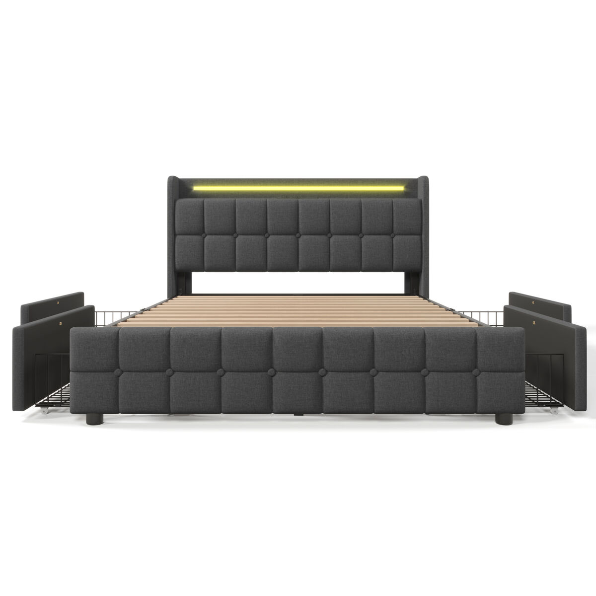 Cama estofada 140x200cm em linho - com led e portas de carregamento usb - 2 gavetas - cinzento