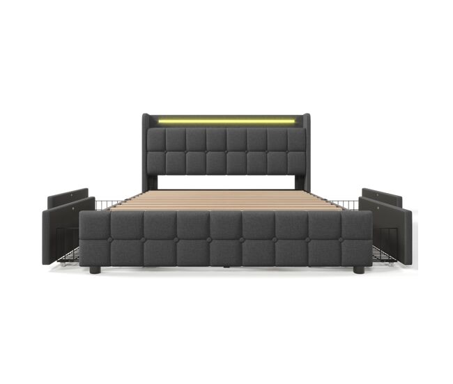 Cama estofada 140x200cm em linho - com led e portas de carregamento usb - 2 gavetas - cinzento