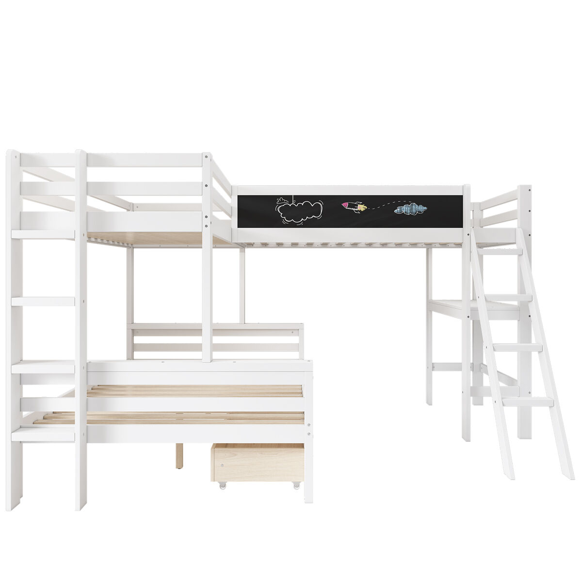 Beliche 2x90x200cm + 140x200cm em madeira - com secretária e 2 gavetas - branco