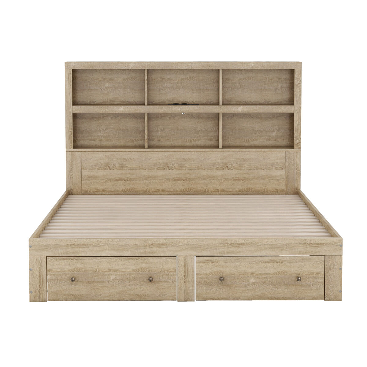 Cama de madeira maciça 160x200 cm com gavetas e cabeceira com arrumação - com estrado de ripas - natural