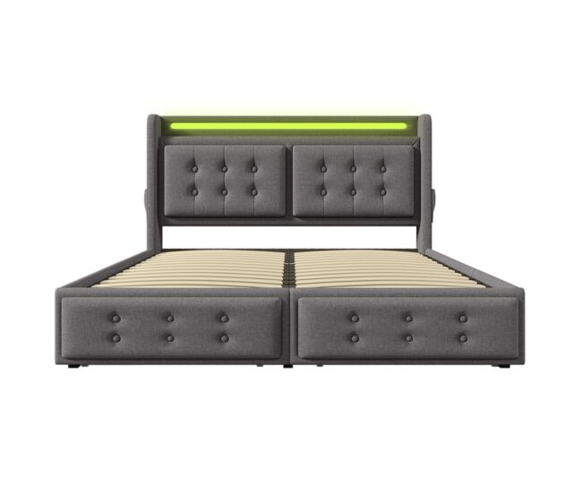 Cama de adulto 140x200cm em tecido de linho - com led e portas de carregamento - 4 gavetas - cinzento