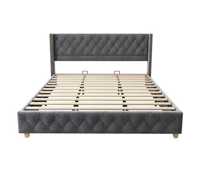 Cama para adultos estofada em veludo - 180x200 cm - com estrado - cinza