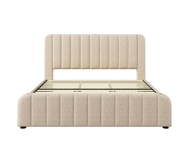Cama com gavetas 180x200 cm em tecido de linho - com carregamento usb e tipo c - decorada com riscas douradas - bege