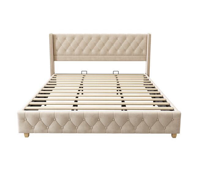 Cama de adulto estofada em veludo - 180x200 cm - com estrado de molas - bege