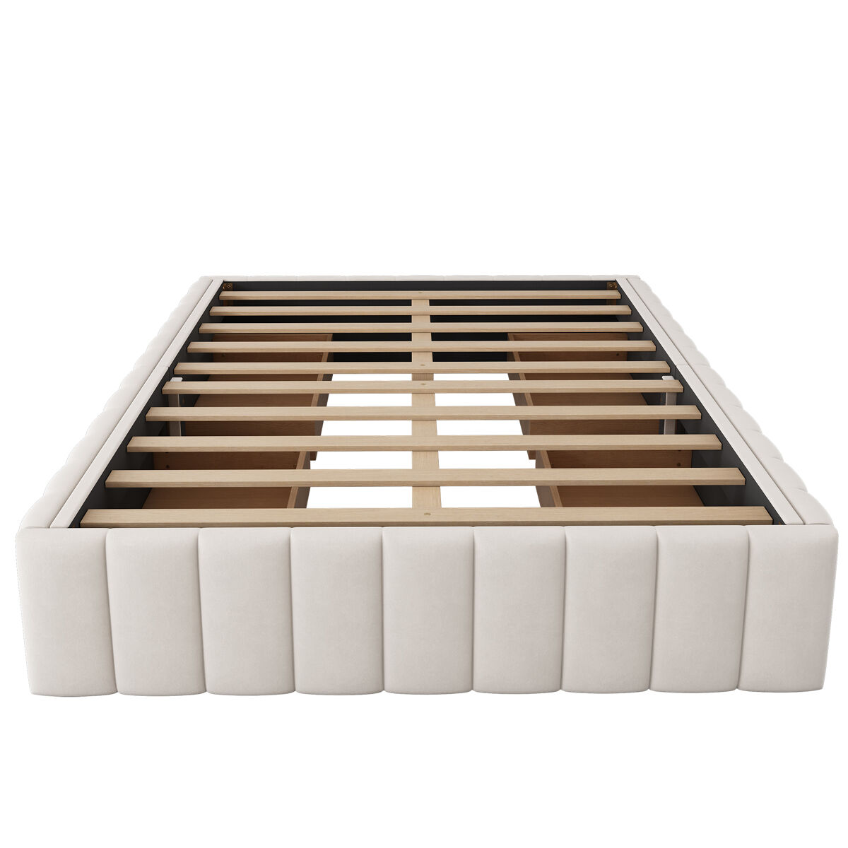 Cama estofada 140x200cm em veludo sem cabeceira - com gavetas e estrado de molas - bege