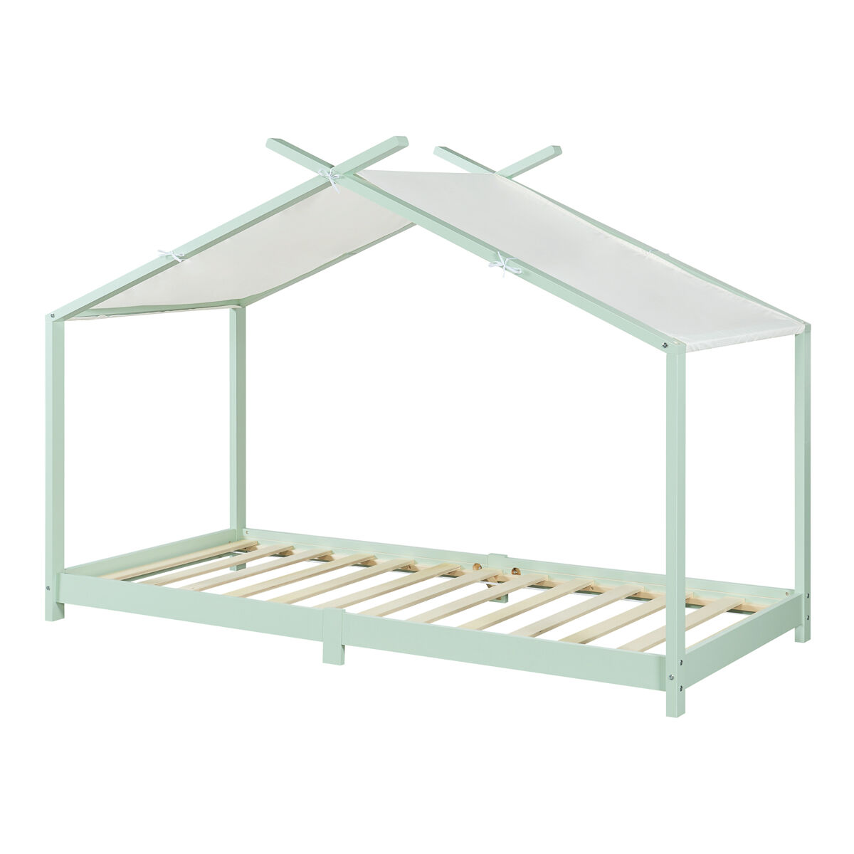 Cama de criança brome forma casita com colchão e teto em pinho 90x200cm - verde e branco [en.casa]