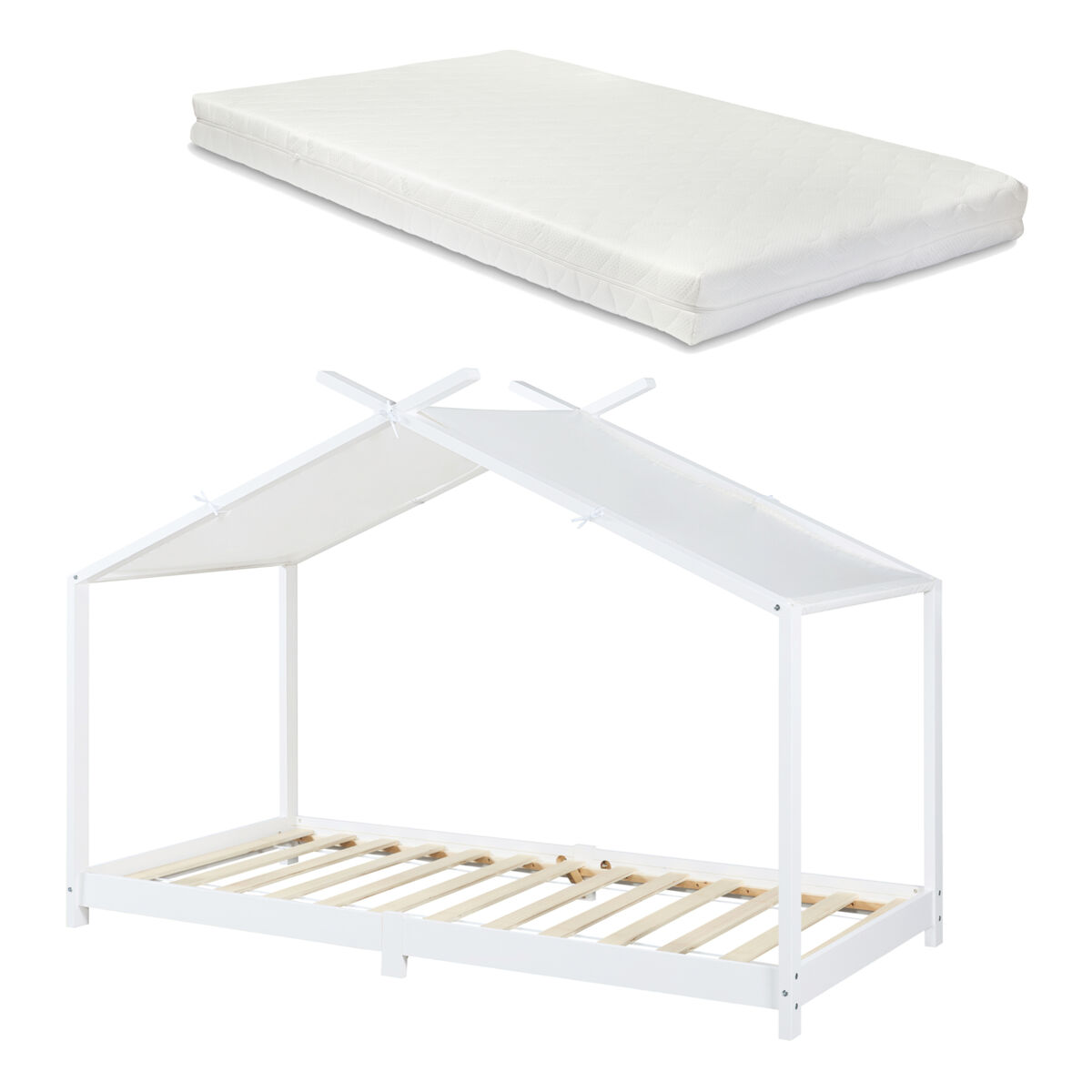 Cama de criança brome forma casita com colchão e teto em pinho 90x200cm - branco [en.casa]