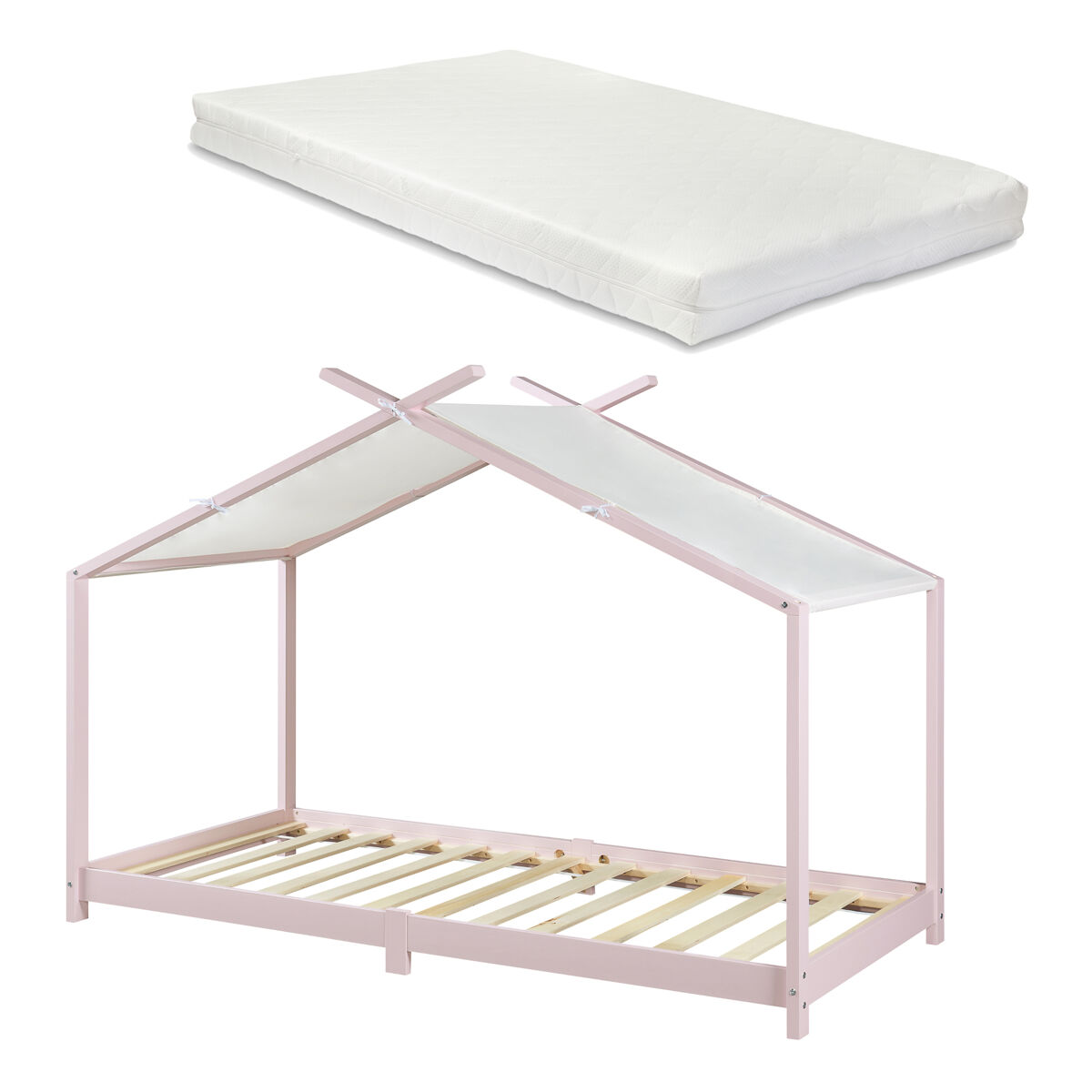 Cama de criança brome forma casita com colchão e teto em pinho 90x200cm - rosa e branco [en.casa]