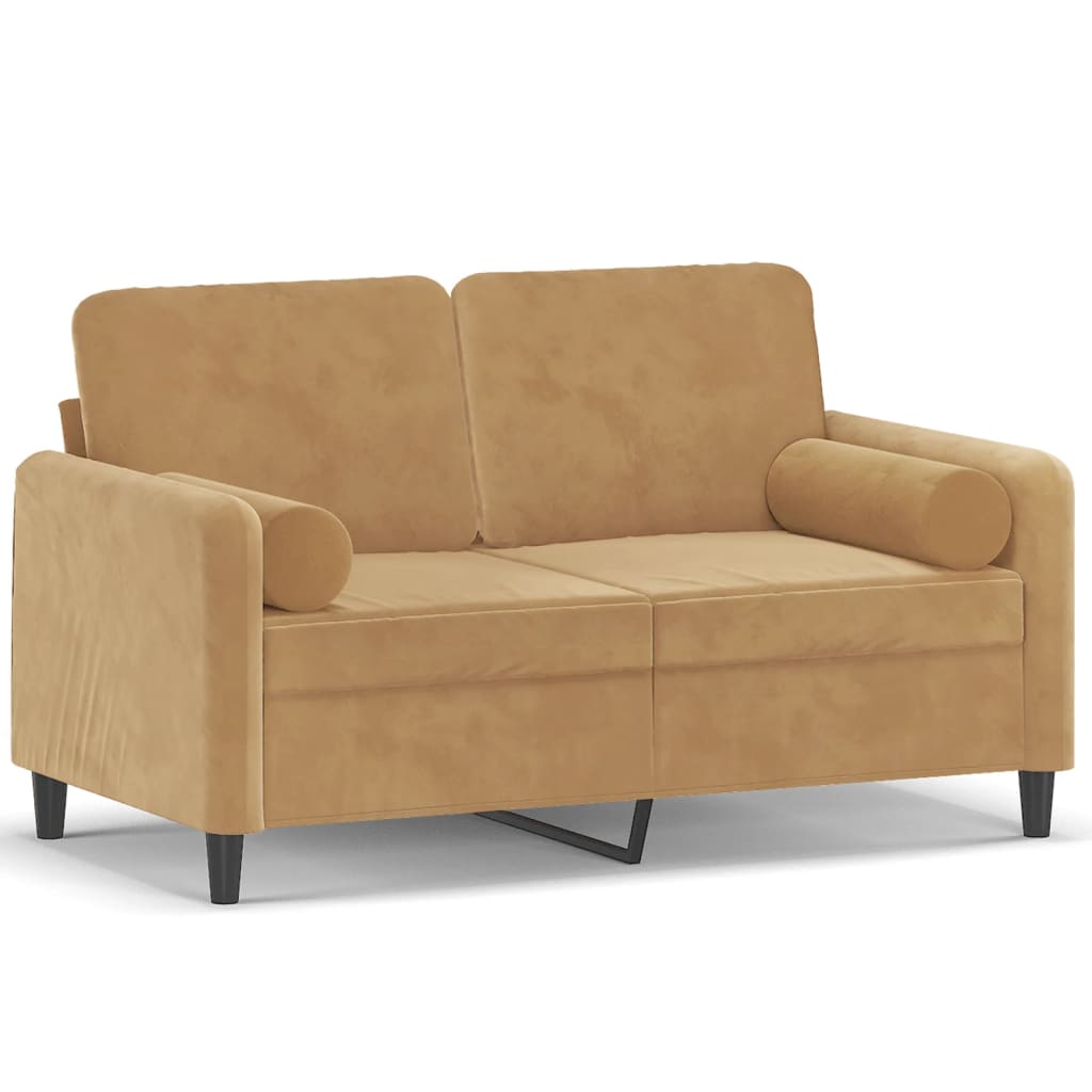 Sofá 2 lugares - sofá fixo c/ almofadas decorativas 120 cm veludo castanho