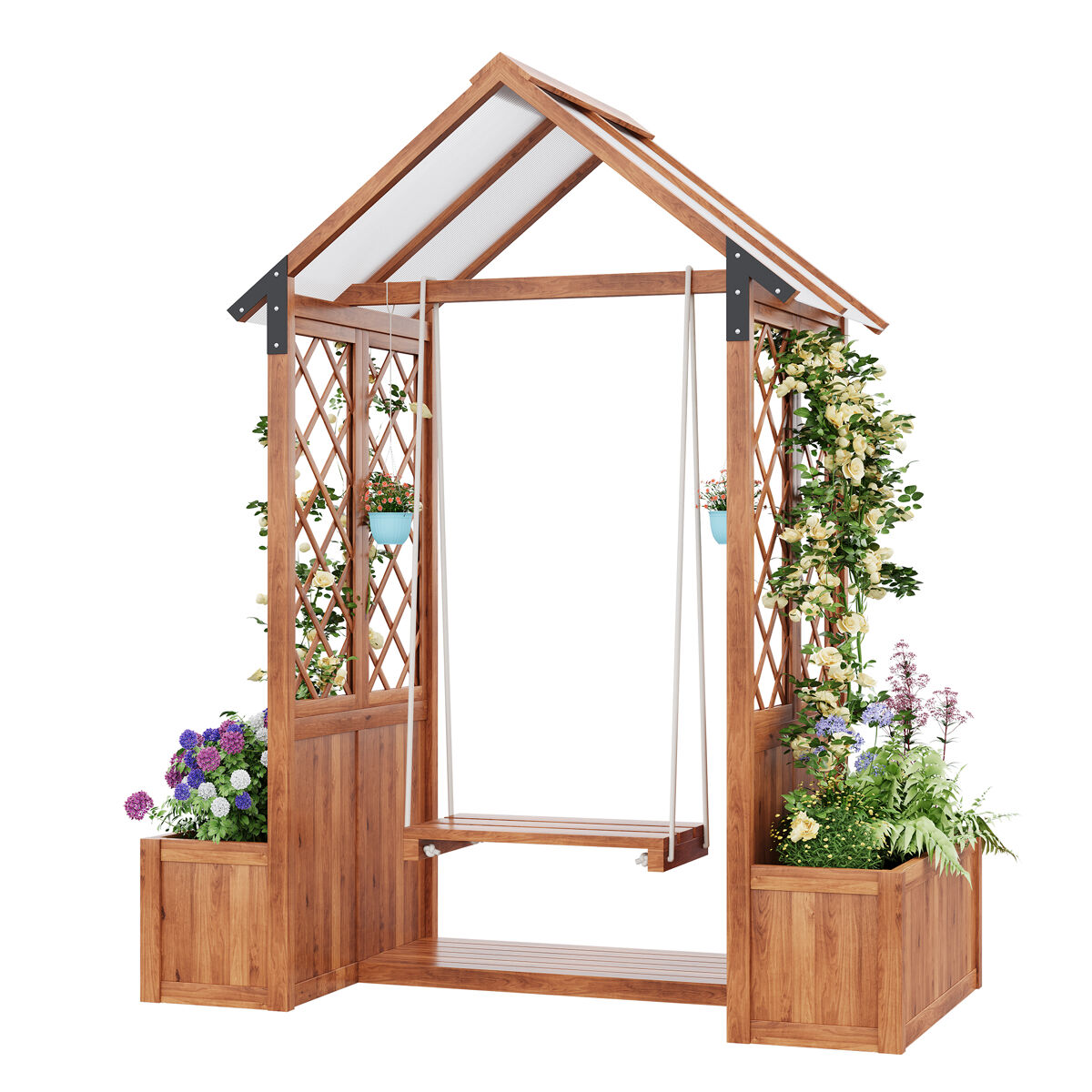 Floreira de madeira maciça com treliça para plantas,guarda-sol de pc e baloiço,castanho