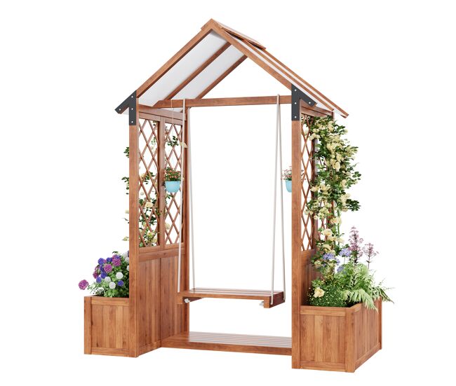 Floreira de madeira maciça com treliça para plantas,guarda-sol de pc e baloiço,castanho