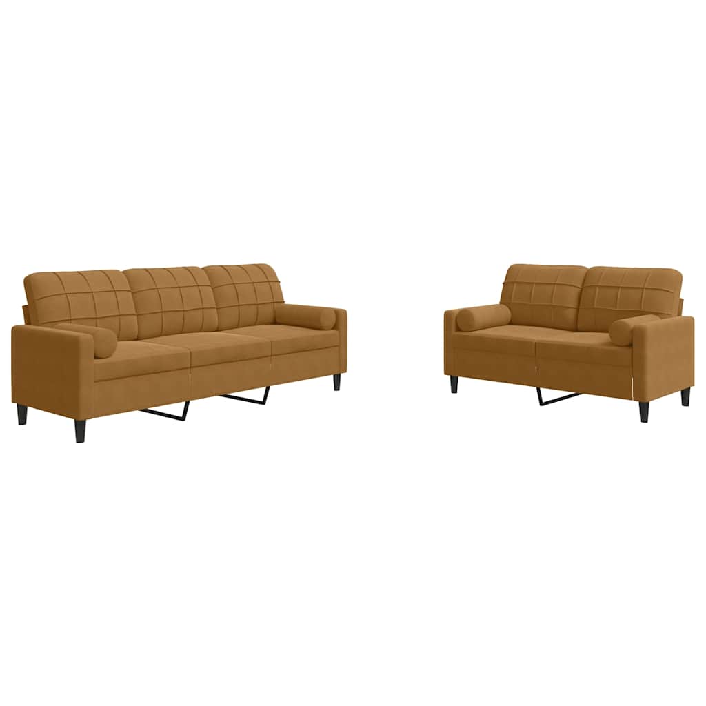 Vidaxl 2 pcs conjunto de sofás com almofadões e rolos veludo castanho