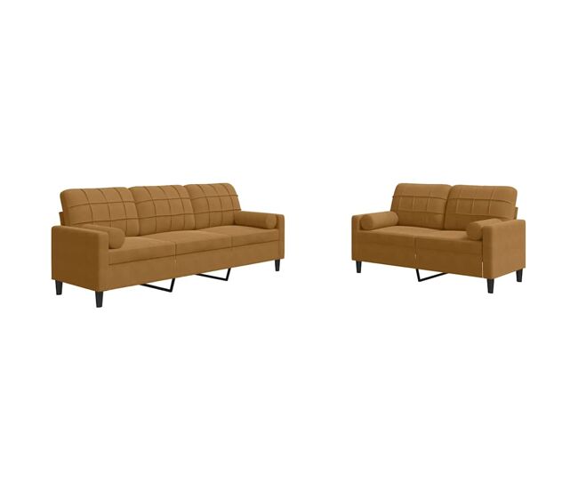 Vidaxl 2 pcs conjunto de sofás com almofadões e rolos veludo castanho