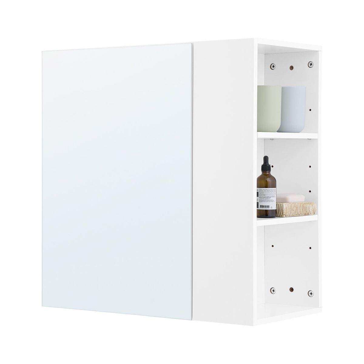 Sobuy Armário De Parede Com Espelho, 1 Porta E 3 Compartimentos Laterais, Prateleiras Ajustáveis, 57X30x61cm, Bzr184-W Pt Branco