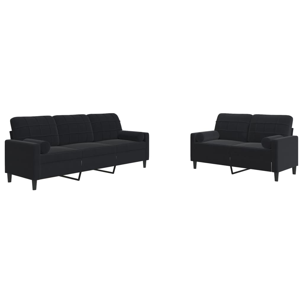 Vidaxl 2 pcs conjunto de sofás com almofadões e rolos veludo preto