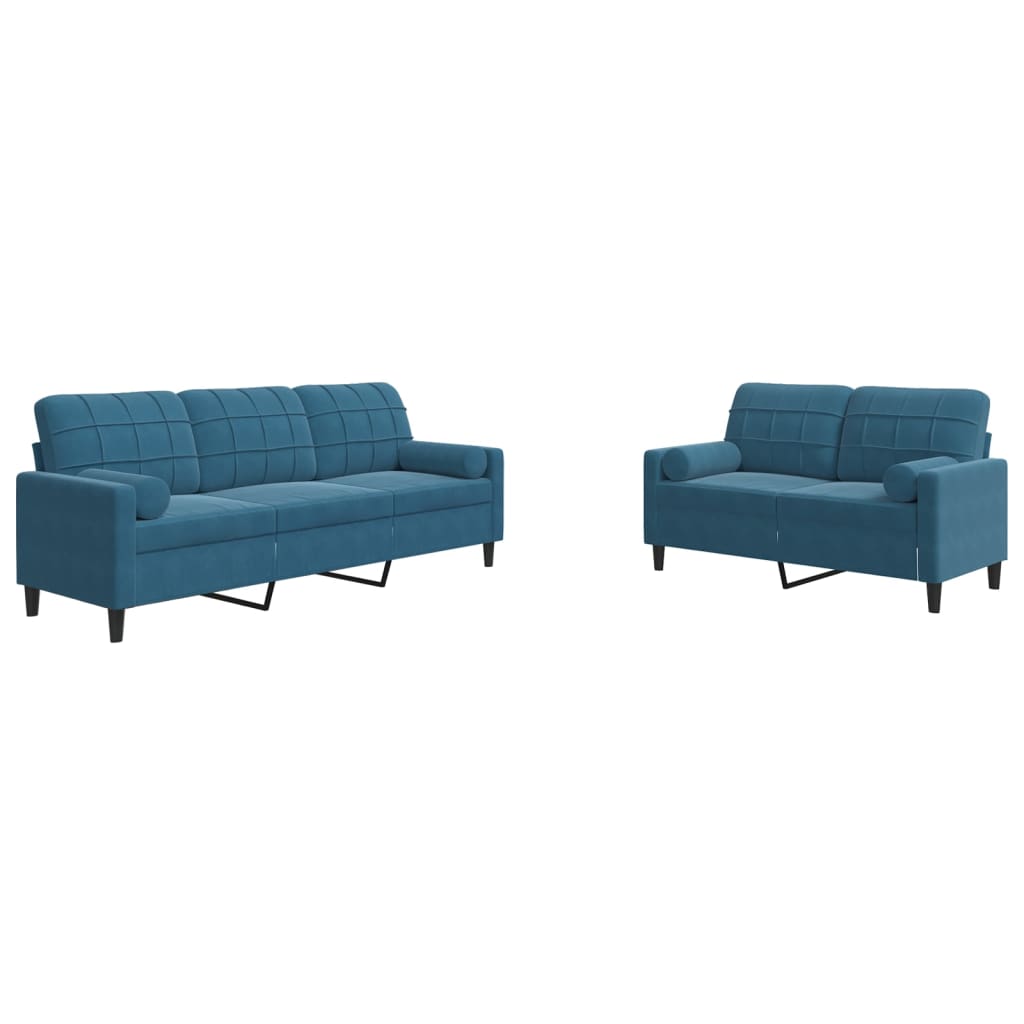 Vidaxl 2 pcs conjunto de sofás com almofadões e rolos veludo azul
