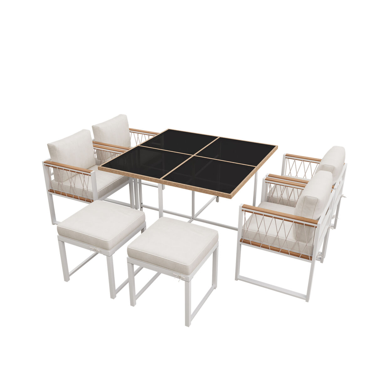 Conjunto de mesa e cadeiras de jardim de madeira de acácia 7 peças com 1 mesa,4 cadeiras e 2 bancos,branco+natural