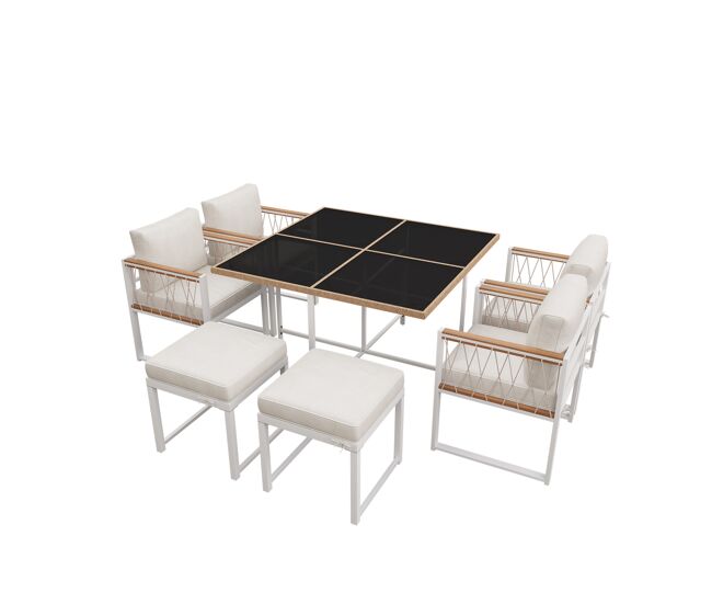 Conjunto de mesa e cadeiras de jardim de madeira de acácia 7 peças com 1 mesa,4 cadeiras e 2 bancos,branco+natural