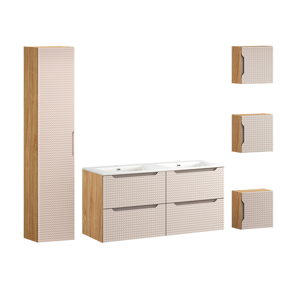 Conjunto móvel lavatório duplo embutido 120 cm enceinte e 3 armários murais mallory bege e madeira