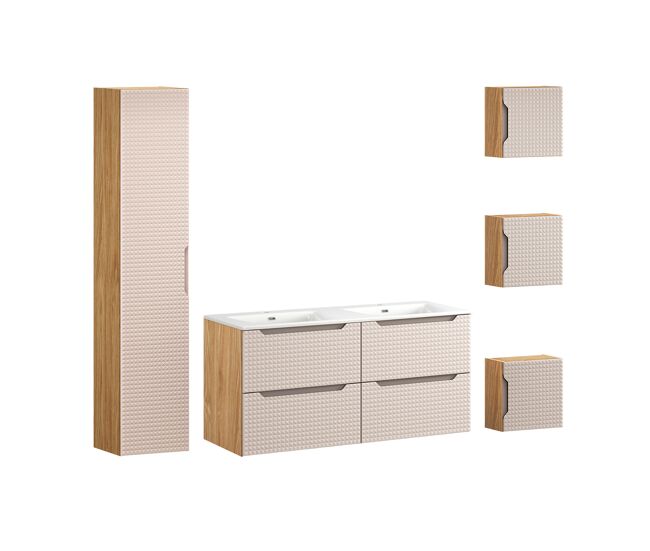 Conjunto móvel lavatório duplo embutido 120 cm enceinte e 3 armários murais mallory bege e madeira