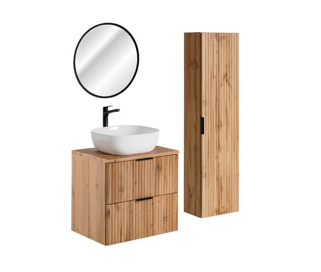 Lavatório individual 60 cm com espelho led e móvel de apoio em madeira adriel