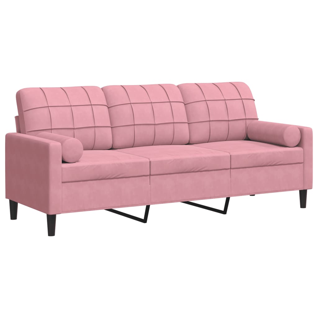 Sofá 3 lugares - sofá fixo c/ almofadas decorativas 180 cm veludo rosa