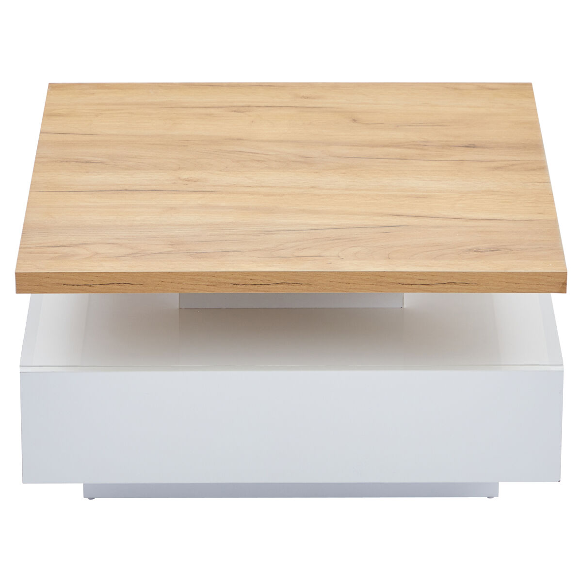 Mesa de centro quadrada com rotação de 360° - 70x70x36 cm - com 1 gaveta - branco e natural