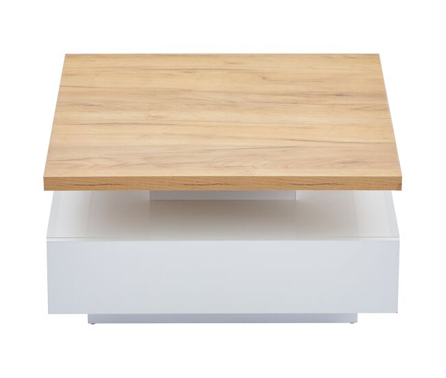 Mesa de centro quadrada com rotação de 360° - 70x70x36 cm - com 1 gaveta - branco e natural