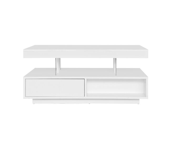 Mesa de centro com led - gaveta aberta e compartimentos - branco
