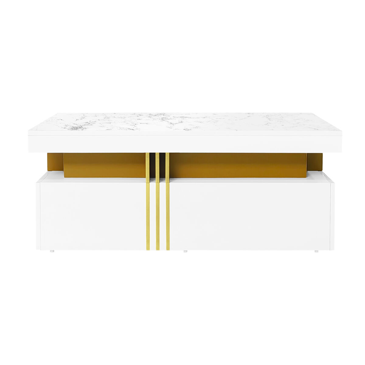 Mesa de centro com 2 gavetas - tampo com padrão de mármore - estilo escandinavo - branco