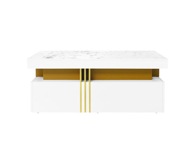 Mesa de centro com 2 gavetas - tampo com padrão de mármore - estilo escandinavo - branco