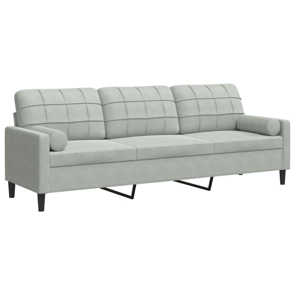 Sofá 3 lug. - sofá fixo c/ almofadas decorativas 210 cm veludo cinza-claro