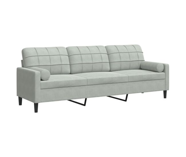 Sofá 3 lug. - sofá fixo c/ almofadas decorativas 210 cm veludo cinza-claro