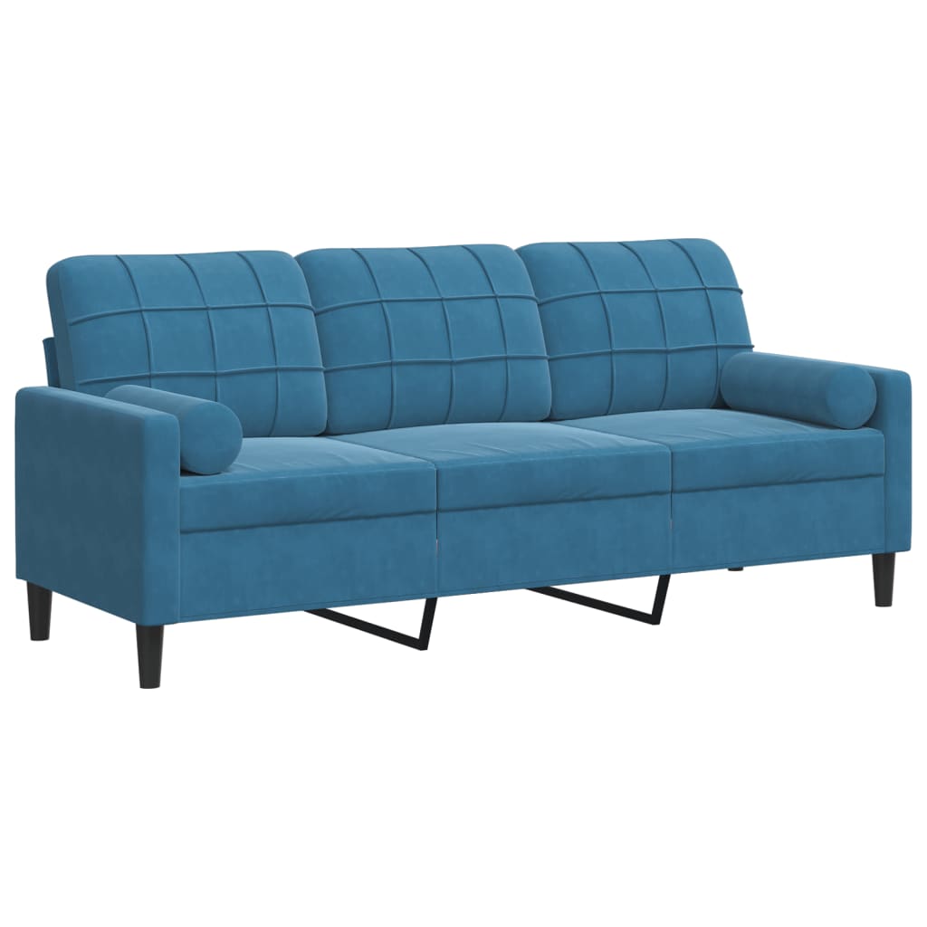 Sofá 3 lugares - sofá fixo c/ almofadas decorativas 180 cm veludo azul