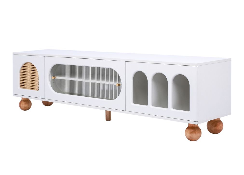 Móvel de tv branco com porta de vime e puxadores dourados 170*47*37 cm