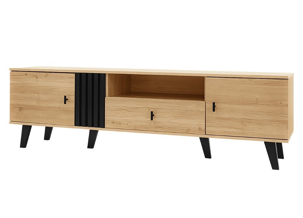 Móvel de tv industrial em madeira e design preto com gavetas, várias funções de arrumação, aspeto único l172cm