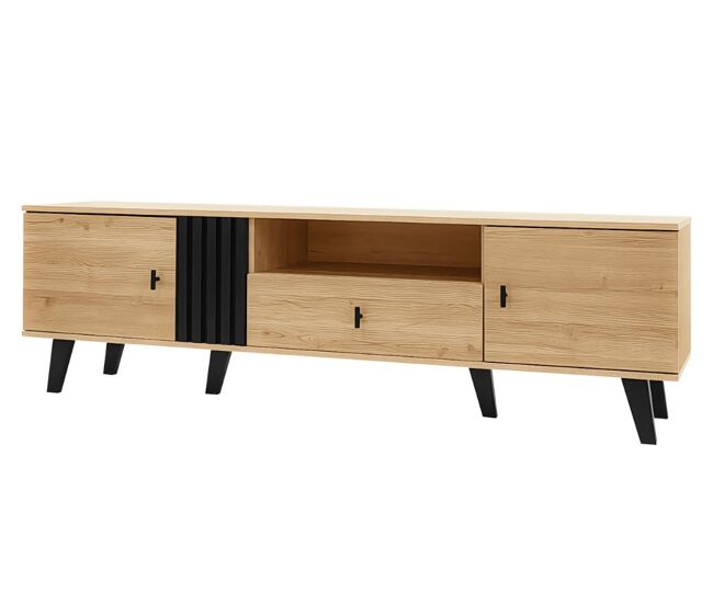 Móvel de tv industrial em madeira e design preto com gavetas, várias funções de arrumação, aspeto único l172cm