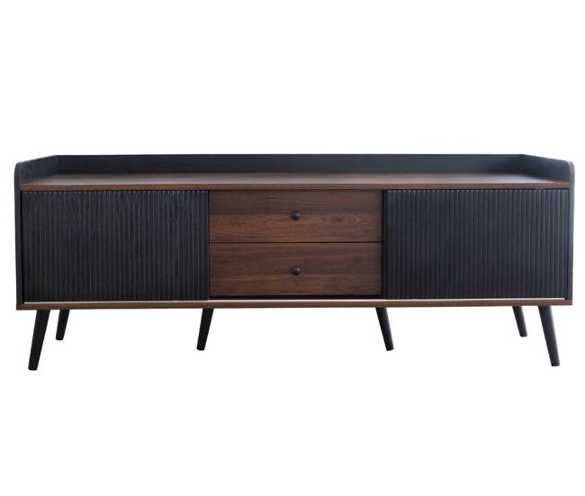 Móvel tv efeito madeira e preto com 2 gavetas centrais e 2 portas de correr a58/l160/p40cm