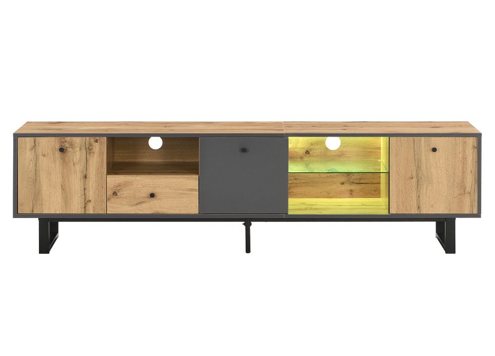 Móvel tv efeito madeira e gris com divisória em vidro led