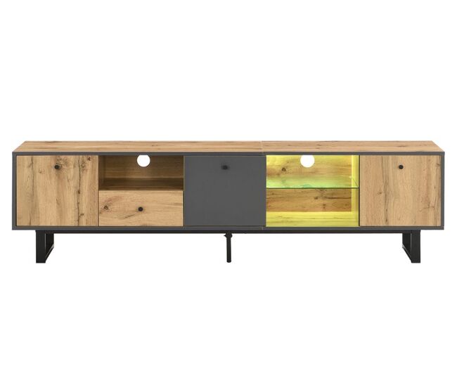 Móvel tv efeito madeira e gris com divisória em vidro led