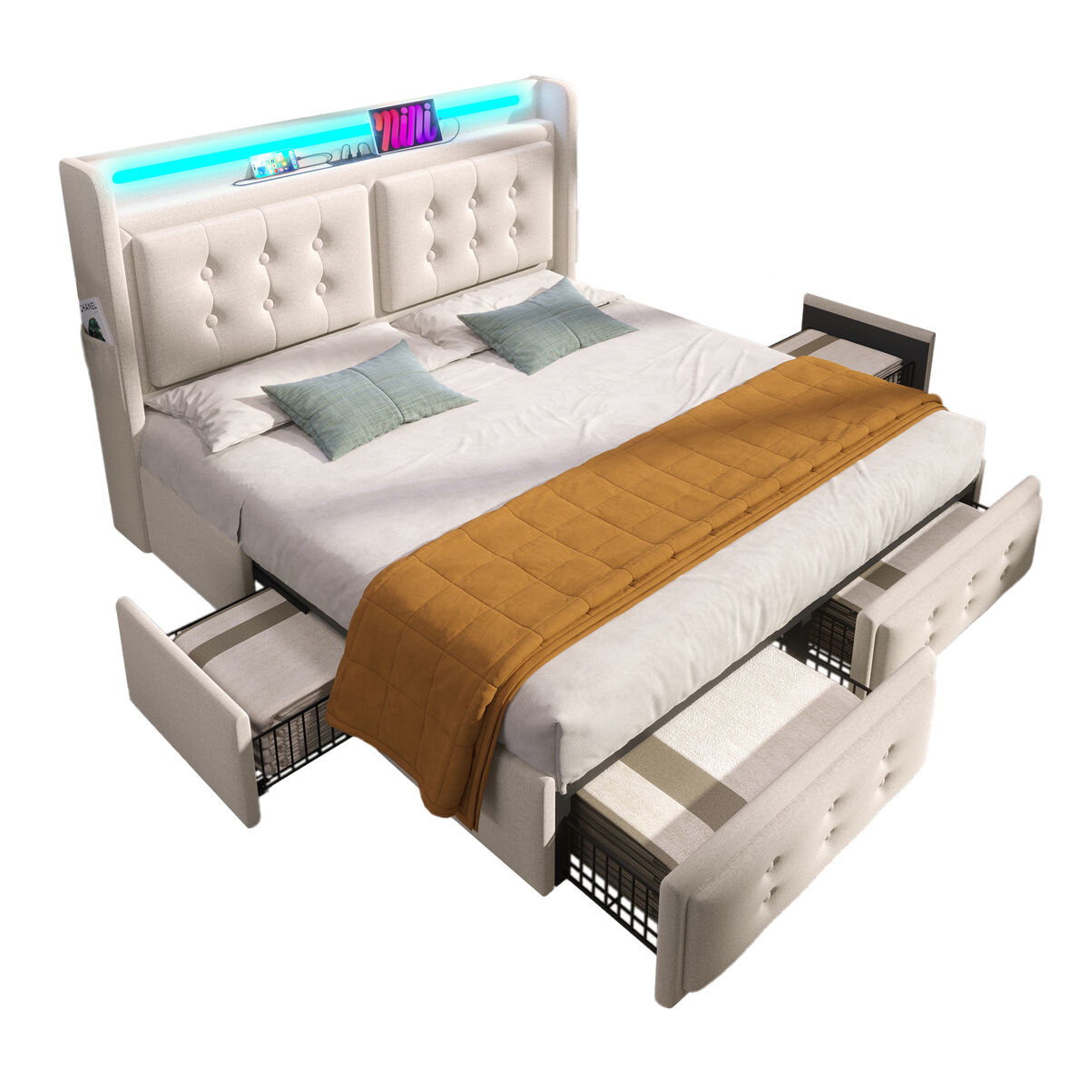 Cama de casal de algodão e linho 140x200cm com 4 gavetas,luz led,bege