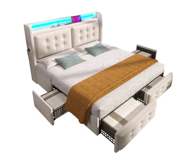 Cama de casal de algodão e linho 140x200cm com 4 gavetas,luz led,bege