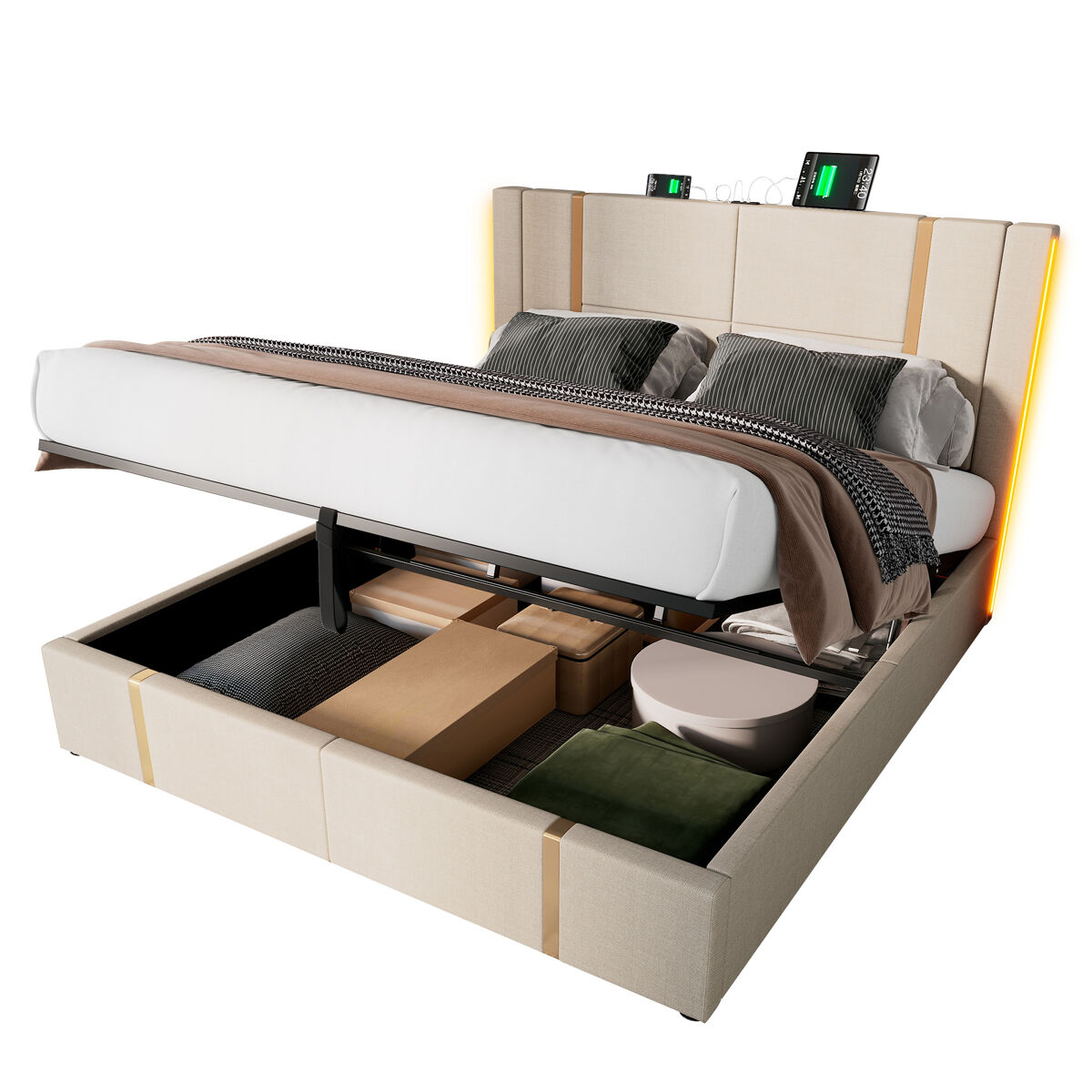Cama de casal de linho 140x200cm com armazenamento,luz led,bege