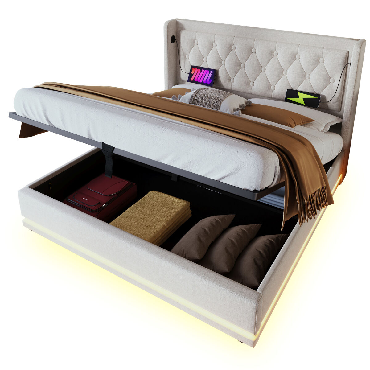 Cama de casal de algodão 140x200cm com armazenamento,luz led,bege
