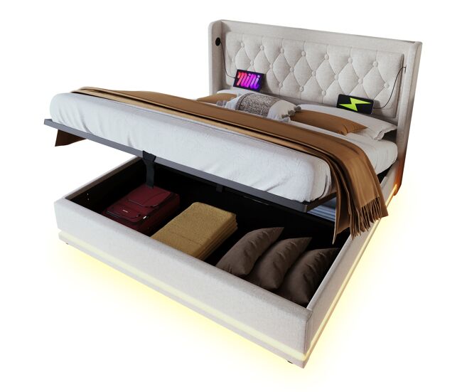 Cama de casal de algodão 180x200cm com armazenamento,luz led,bege